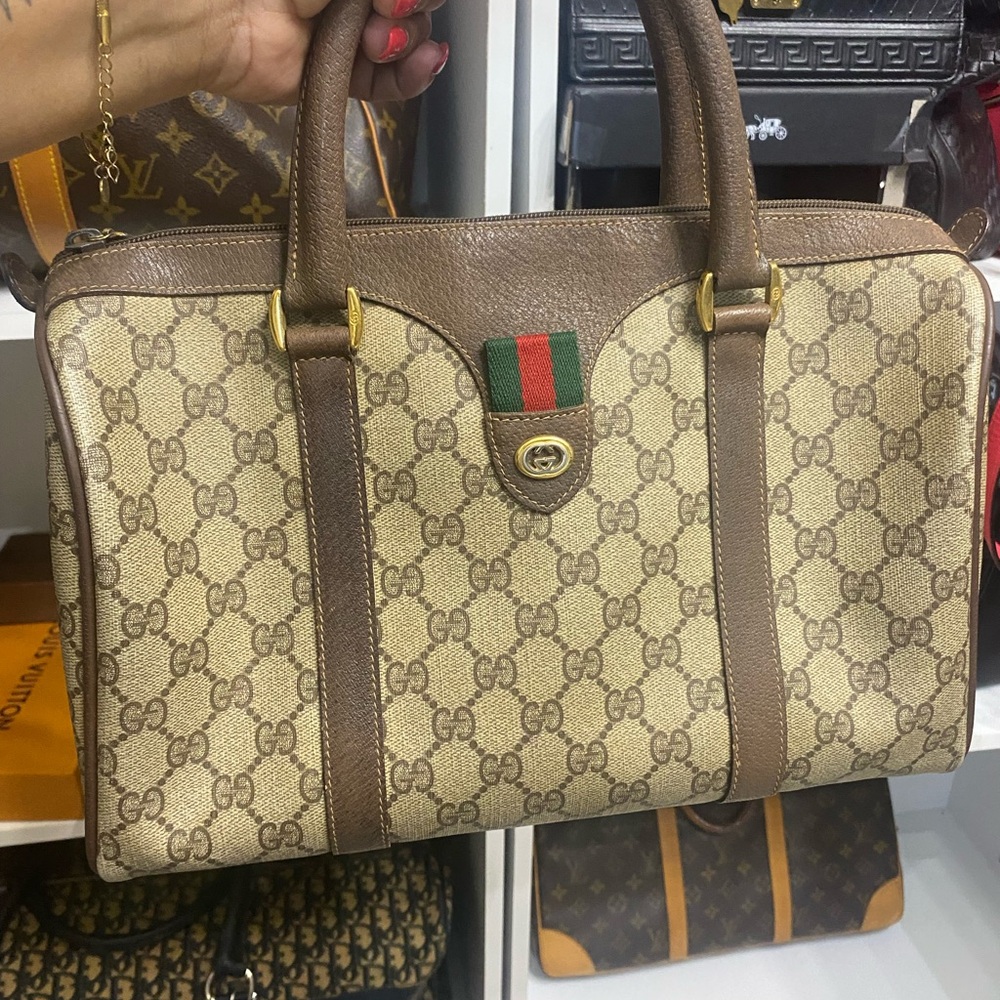 Gucci Brown and Tan Monogram Handbag Boston
